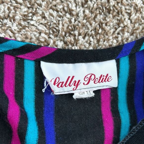 Vintage Sally Petite 80s Longsleeve Black Fit Flare Tie Chevron Striped Dress - Picture 14 of 16